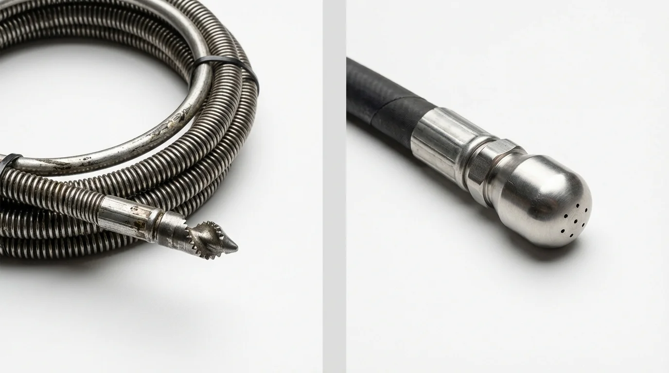 Drain snake cable and hydro jetting nozzle used for drain cleaning in Alameda, CA