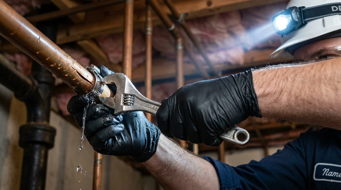Emergency pipe clamp repair being performed by a Johns Plumbing LLC plumber in Alameda